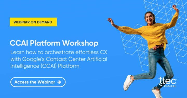 A woman in a yellow sweater jumping with joy next to text that reads: "CCAI Platform Workshop: Learn how to orchestrate effortless customer experiences with Google's Contact Center Artificial Intelligence (CCAI) Plaltform. Access the webinar."