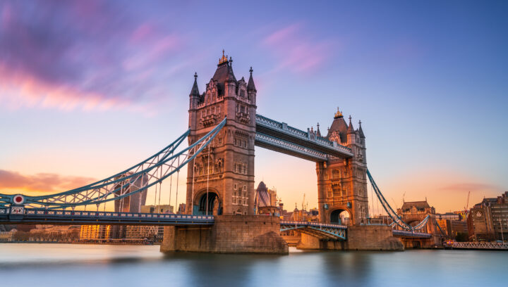 The Tower Bridge in London at sunset.