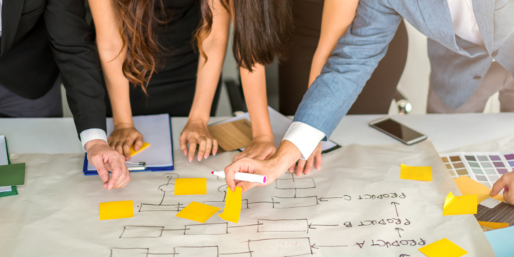 Close up of multiple sets of hands working on planning documents, including sticky notes, on a shared table.