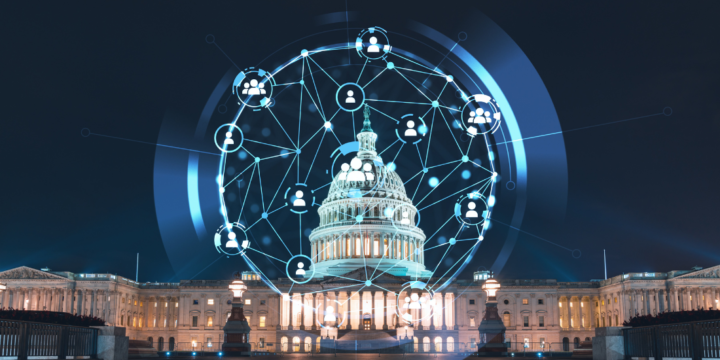 Digital icons appear over a picture of the Capitol Dome in Washington, DC.