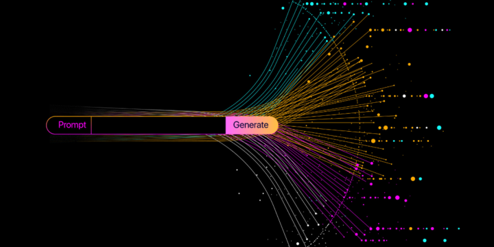 Illustration of abstract stream of data information with lines and dots. The words "Prompt" and "Generate" appear to denote AI.