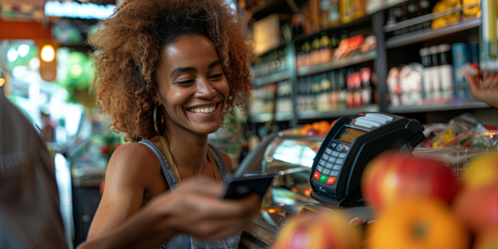 A black woman with curly hair holds a mobile phone over a credit card reader to make a payment in a store.