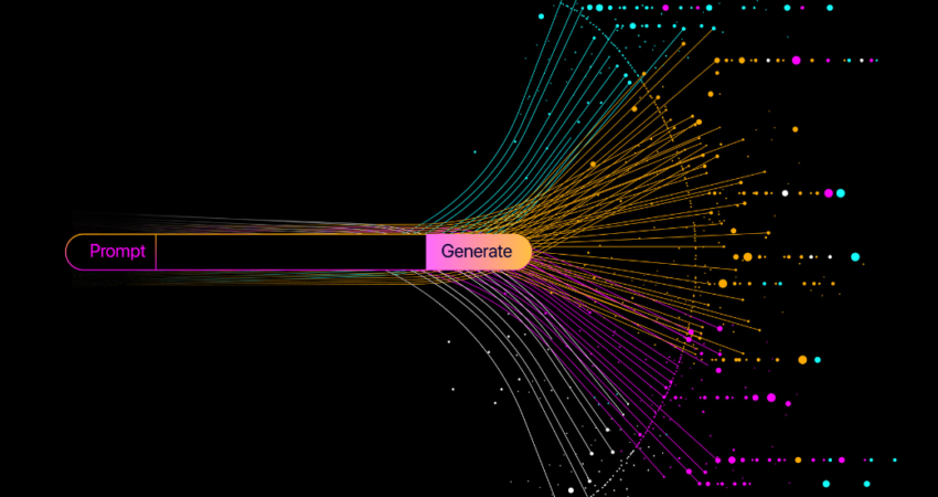 Illustration of abstract stream information with line and dot Big data technology AI data transfer data flow large language model generative ai 1100x550