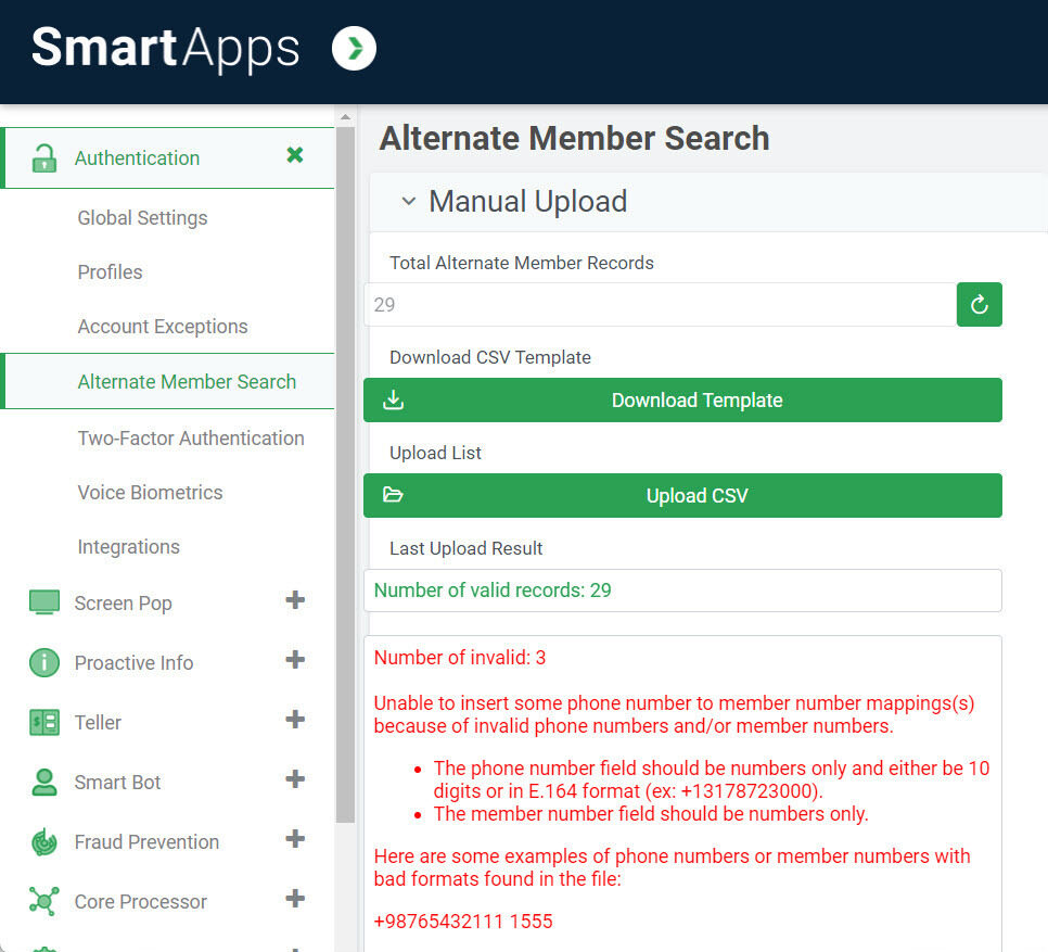 Screen shot of where a user can upload a CSV file mapping phone numbers to member numbers in SmartApps