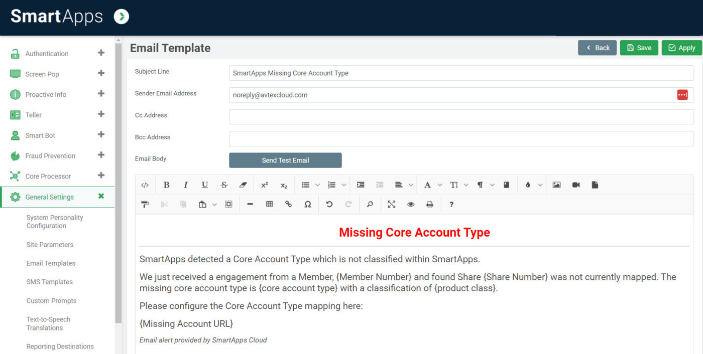 Screen shot of SmartApps email template missing core account type