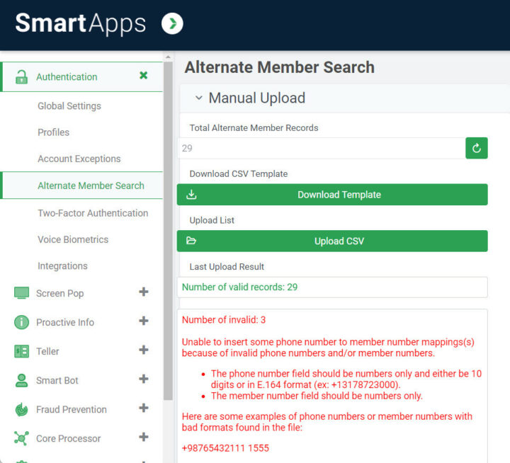 Screen shot of where a user can upload a CSV file mapping phone numbers to member numbers in SmartApps