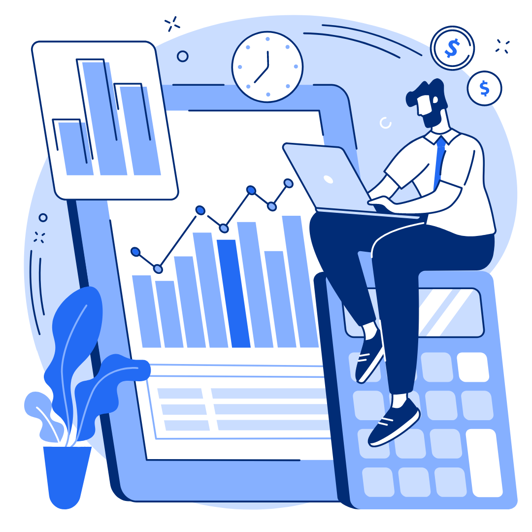 Illustration of a worker on a laptop with charts, icons, and calculator behind him denoting data and data analysis.