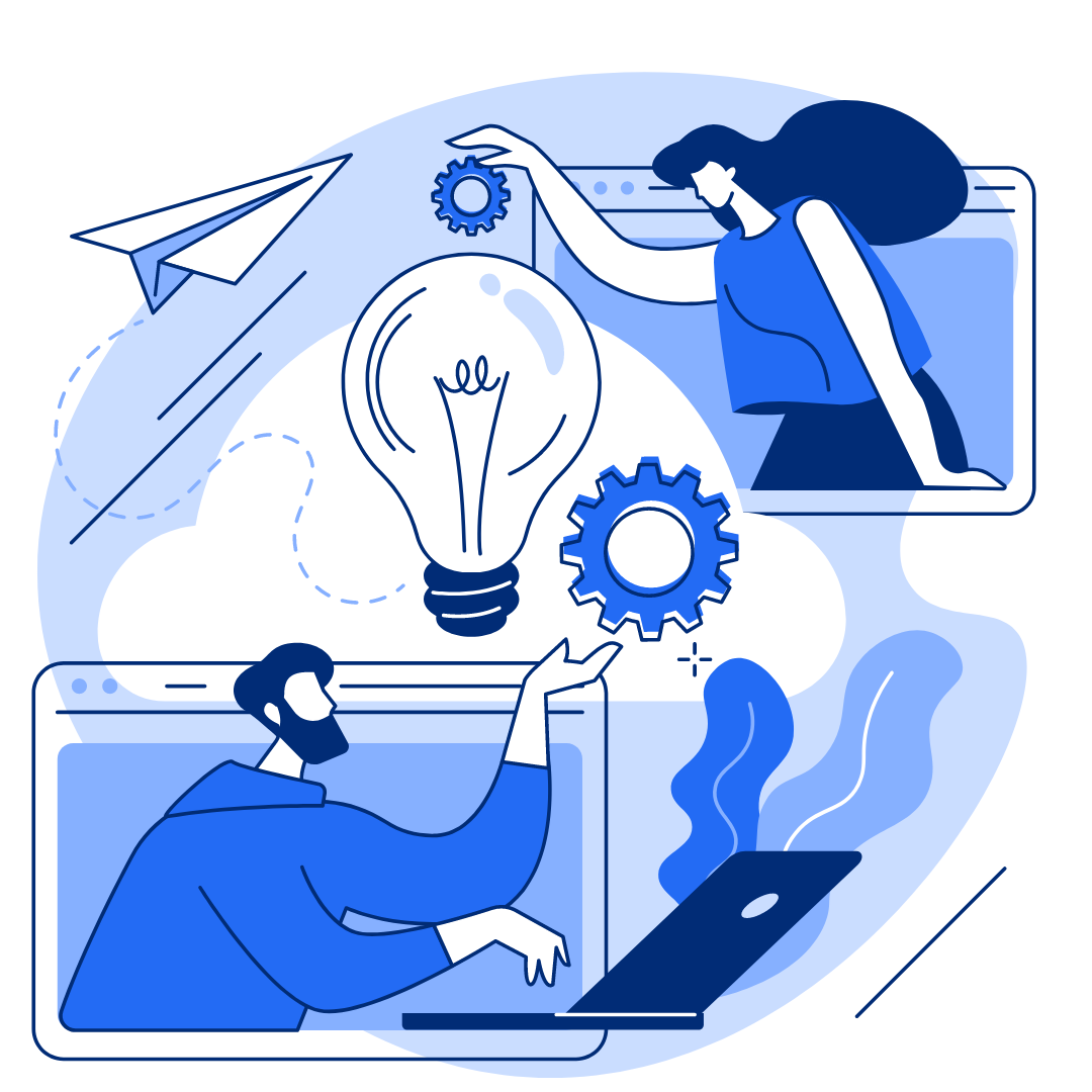 Illustration of two workers coming out of a webpage with signs of innovation and design thinking around them - lightbulb, paper plane, gears.