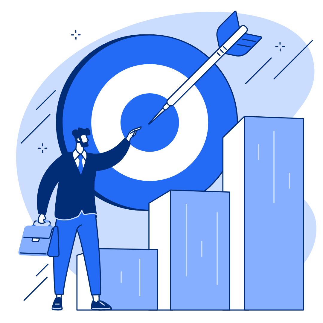 Illustration of a business man pointing at a bulls eye with an arrow on it and a positive bar graph in front of him.